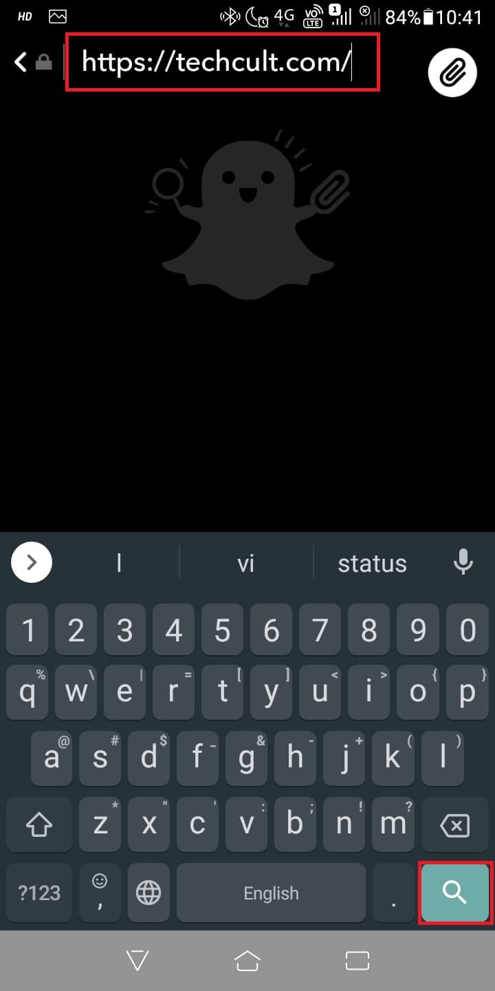 En la barra de búsqueda, escriba o pegue el enlace o la URL que ha copiado para compartir en su Snapchat.  Haga clic en la lupa para buscar el enlace. 