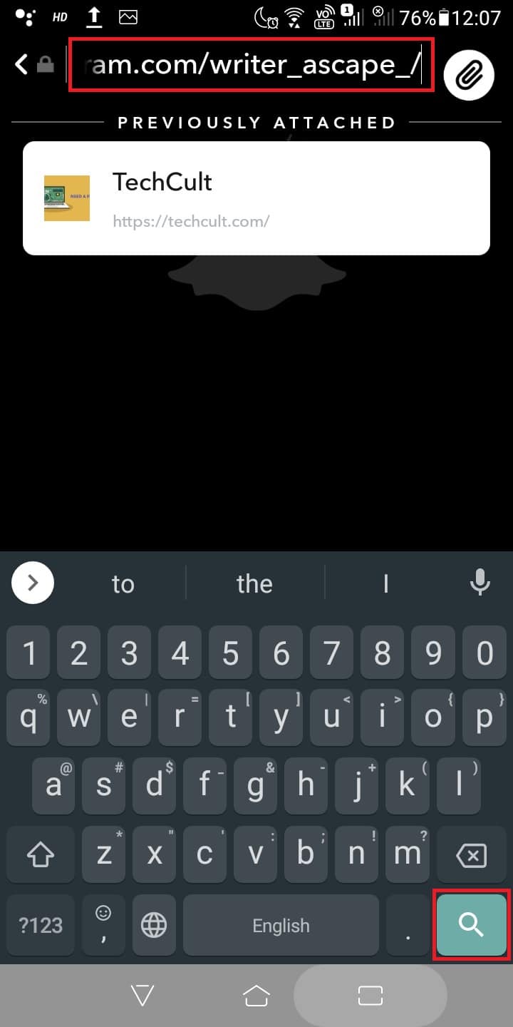 Pegue el enlace de su cuenta de Instagram en la sección Escriba su URL.  Haga clic en el icono de la lupa para buscar el enlace de la cuenta de Instagram |  Cómo vincular Instagram a la historia de Snapchat