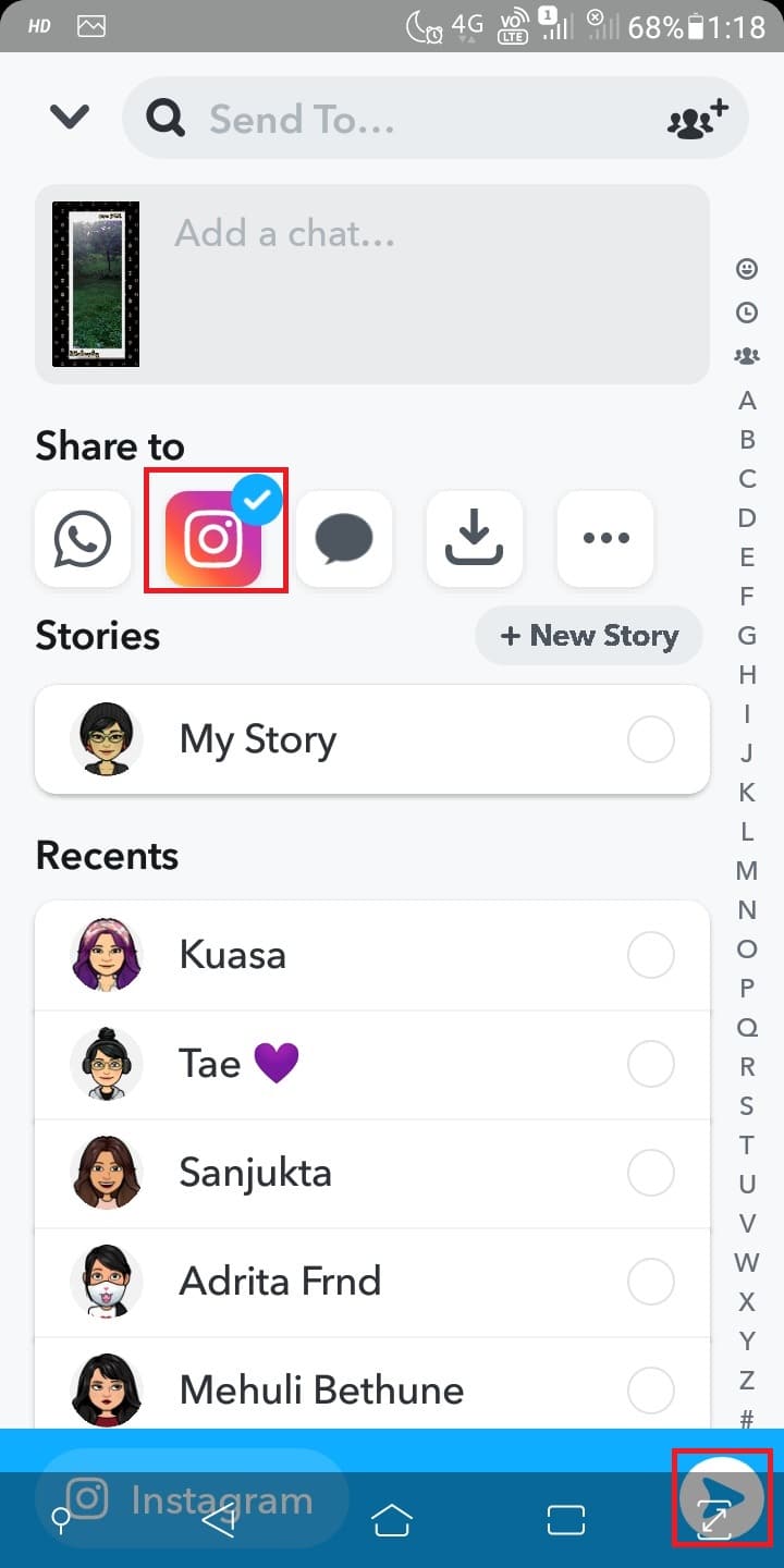 Toque el ícono de Instagram y haga clic en el ícono Enviar. 