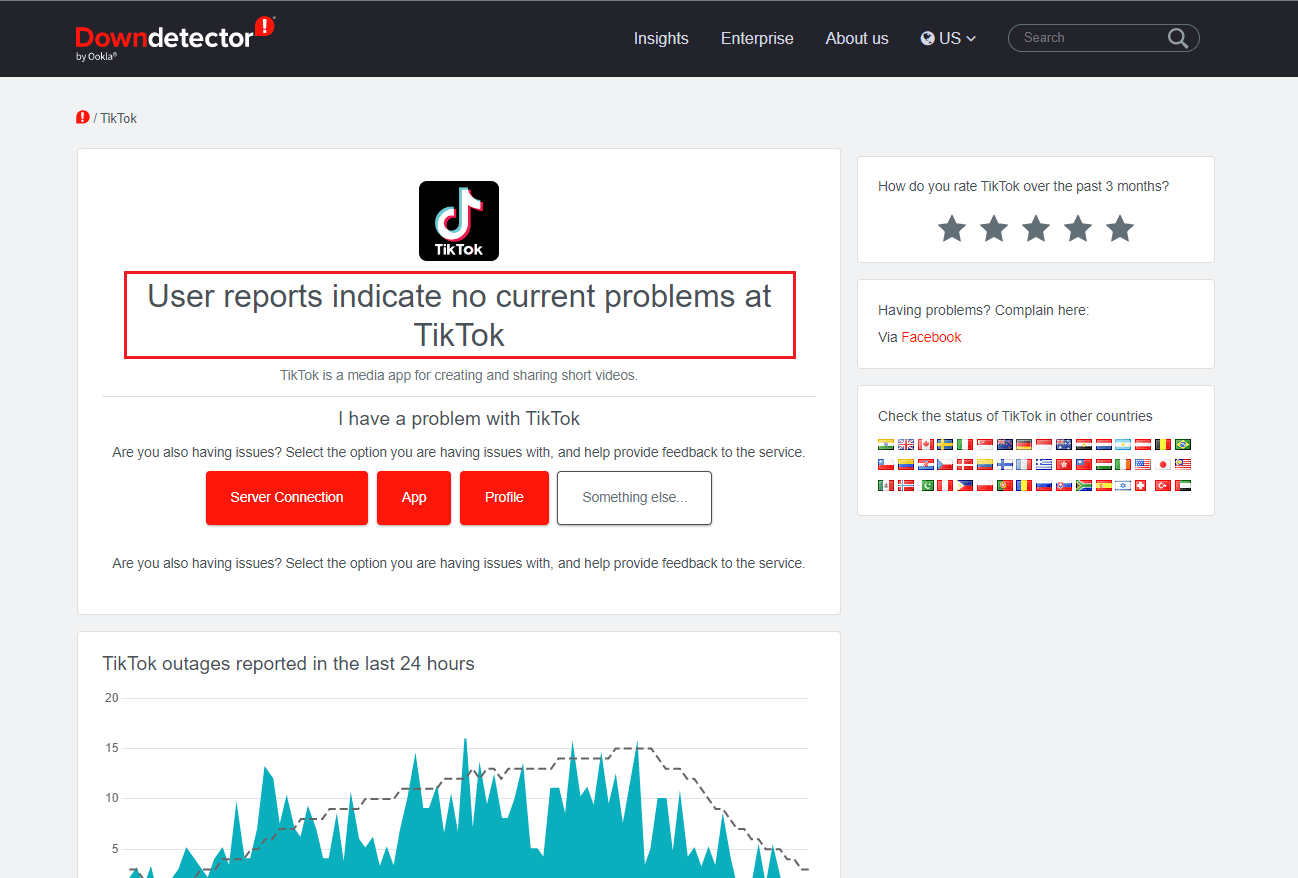 Página del detector de inactividad de Tiktok
