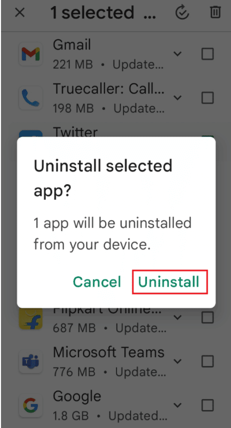 toque la opción de desinstalación desinstalar la aplicación seleccionada google play store. Formas de arreglar Tiktok sin error de conexión a Internet