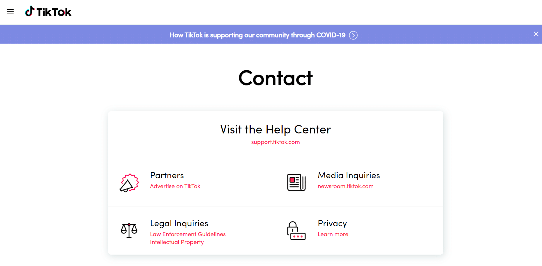 Página de contacto de TikTok