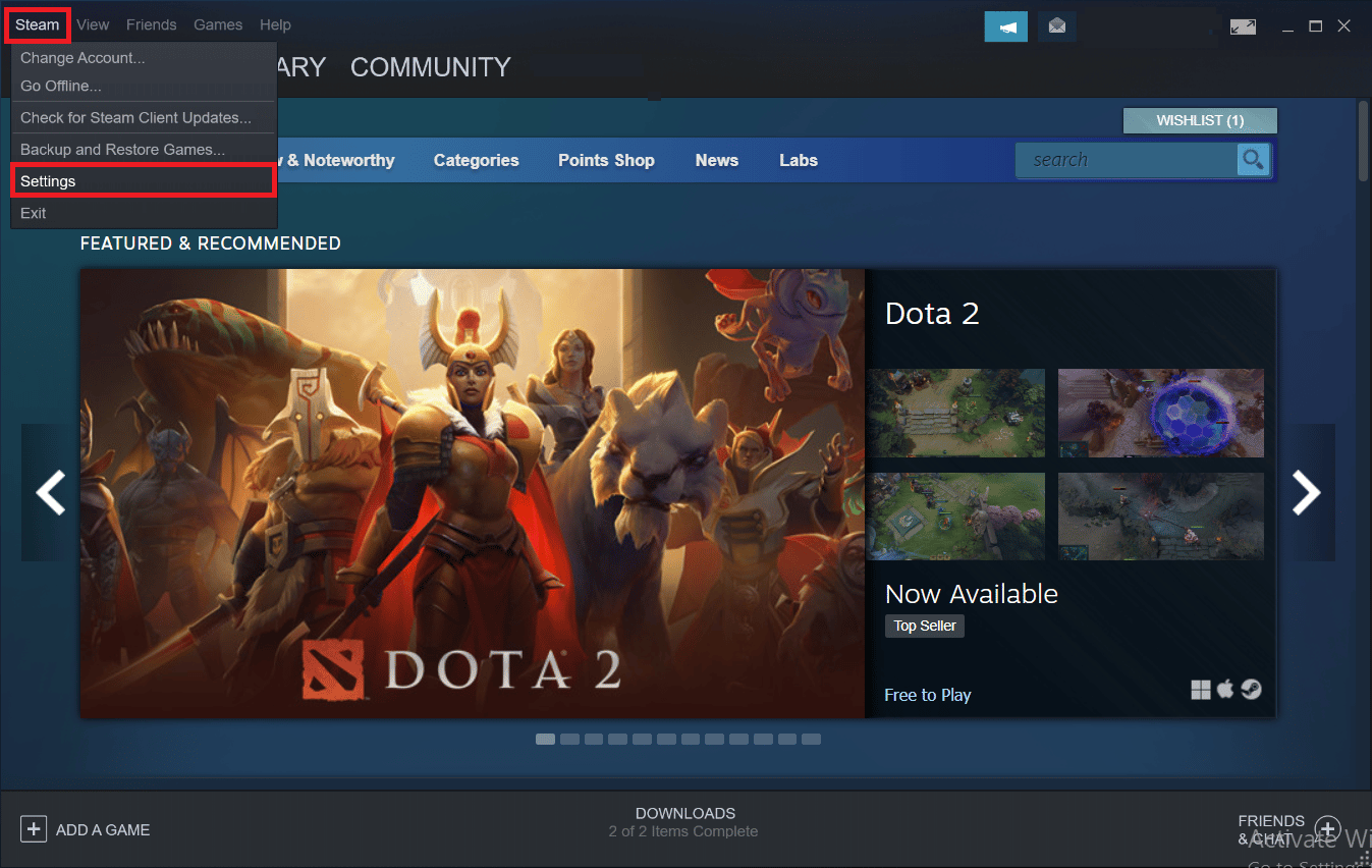 haz clic en Steam y selecciona Configuración.  Solucionar el error de AppHangB1 en Steam