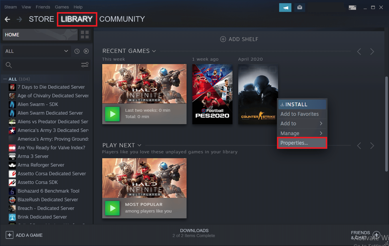 Haga clic con el botón derecho en el juego en el que tiene problemas y seleccione Propiedades.  Solucionar el error de AppHangB1 en Steam