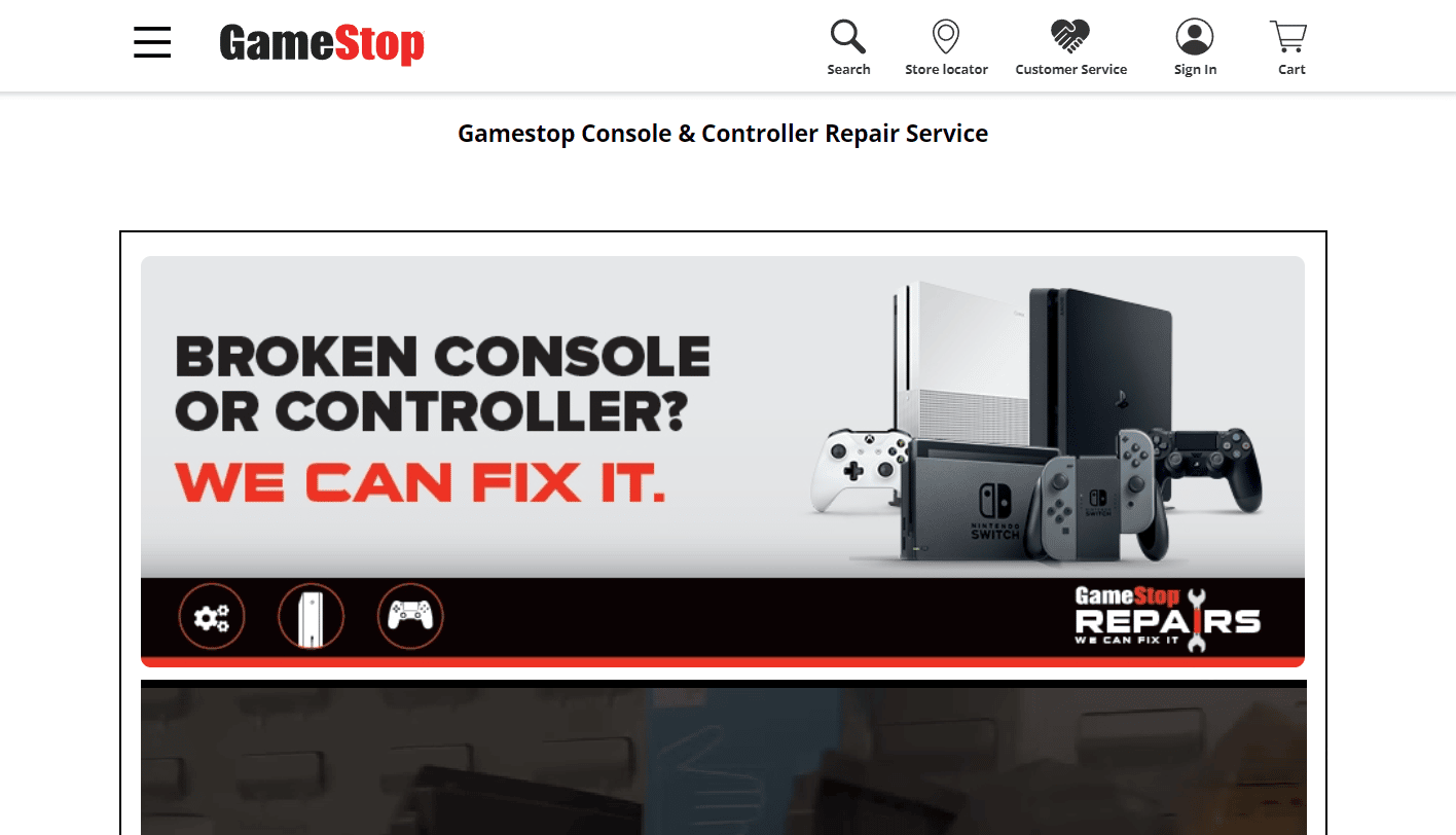 Página del servicio de reparación de consolas y controladores de Gamestop