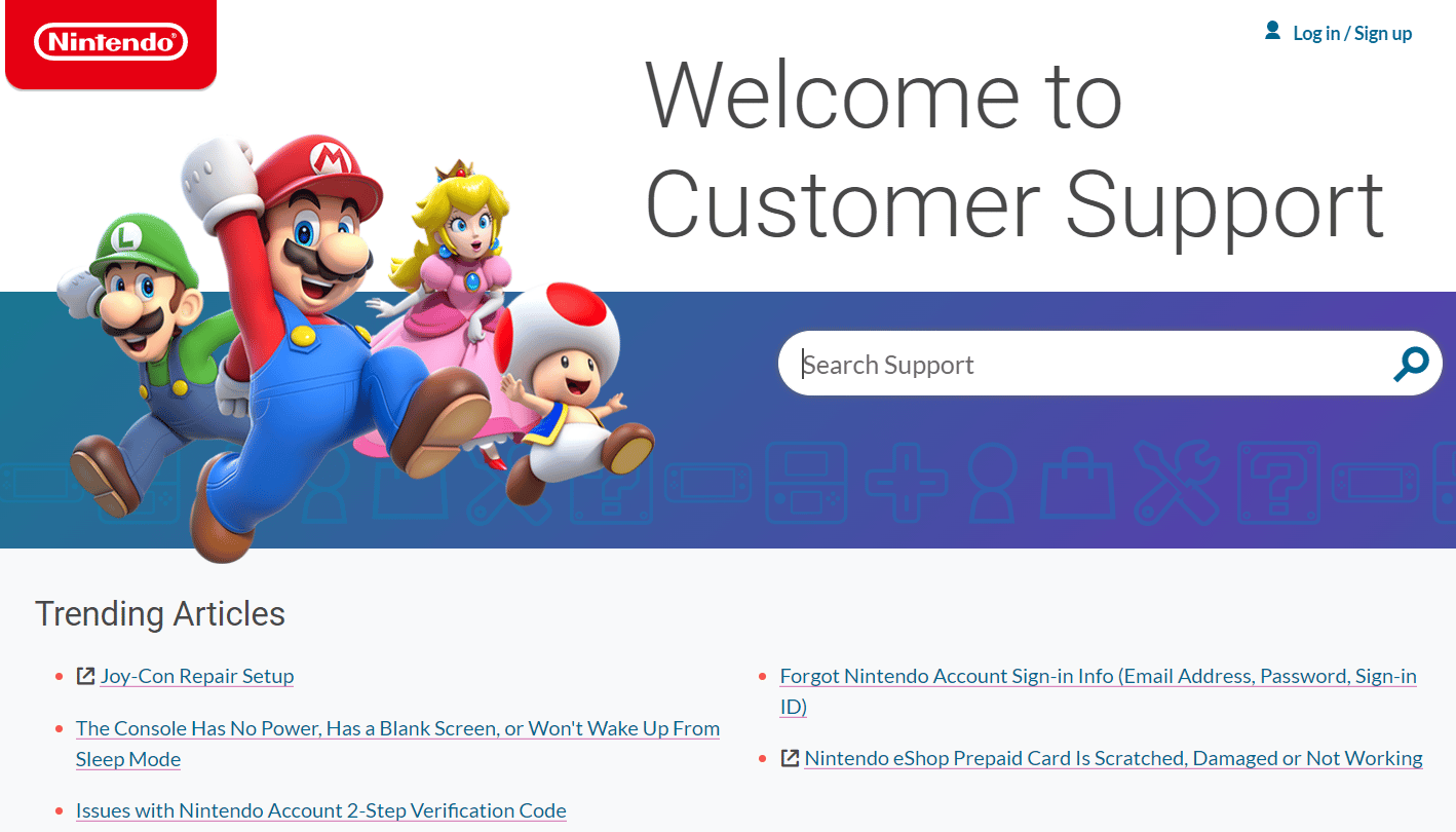 Página de soporte de Nintendo | 