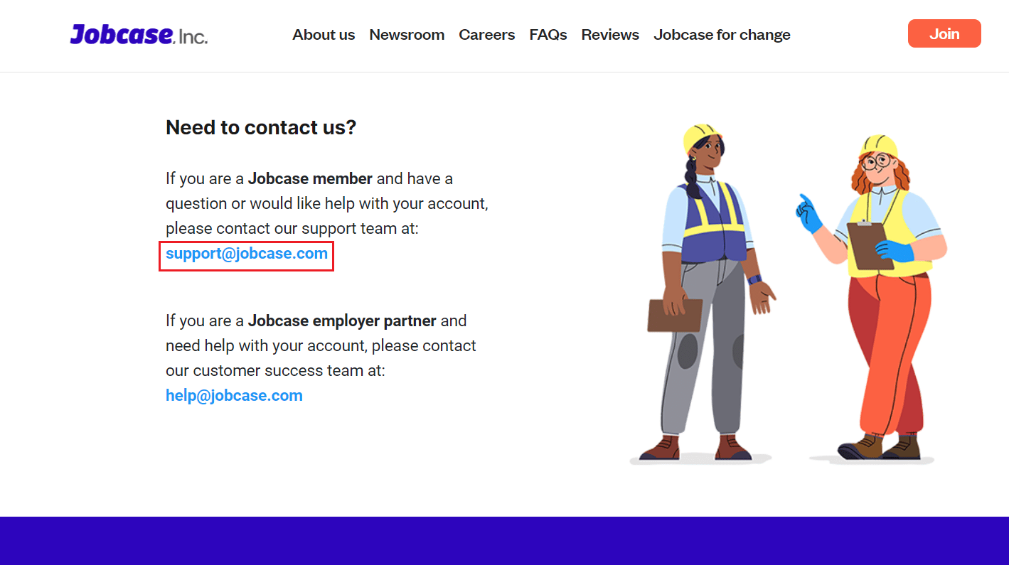 En la página siguiente, haga clic en el enlace support@jobcase.com