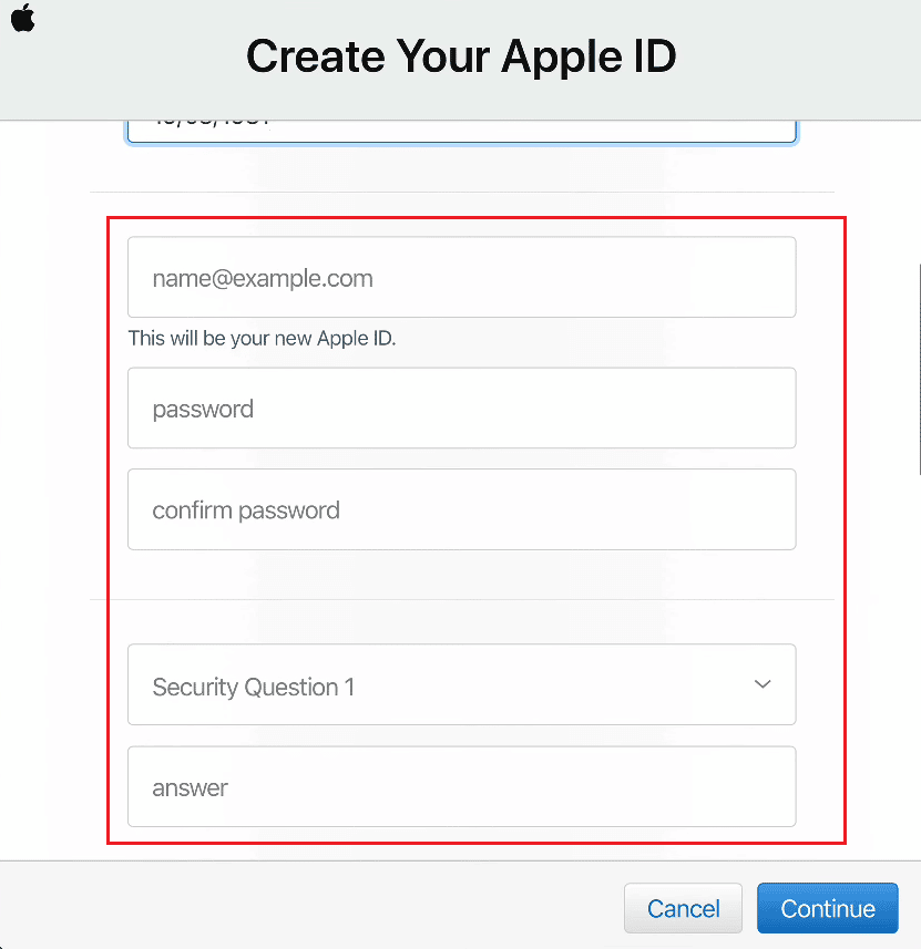 ingrese el ID de Apple deseado - la contraseña deseada - preguntas y respuestas de seguridad |  ¿Cuál es la dirección de correo electrónico de Me.com?