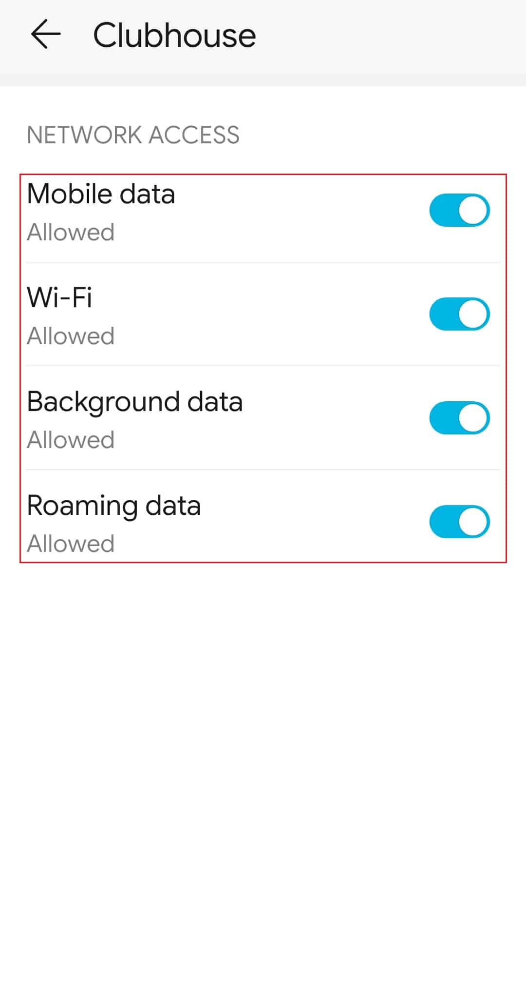 permitir el acceso de red a la aplicación Clubhouse