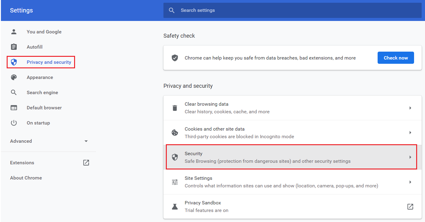seleccione Privacidad y seguridad y haga clic en la opción Seguridad en la configuración de Chrome