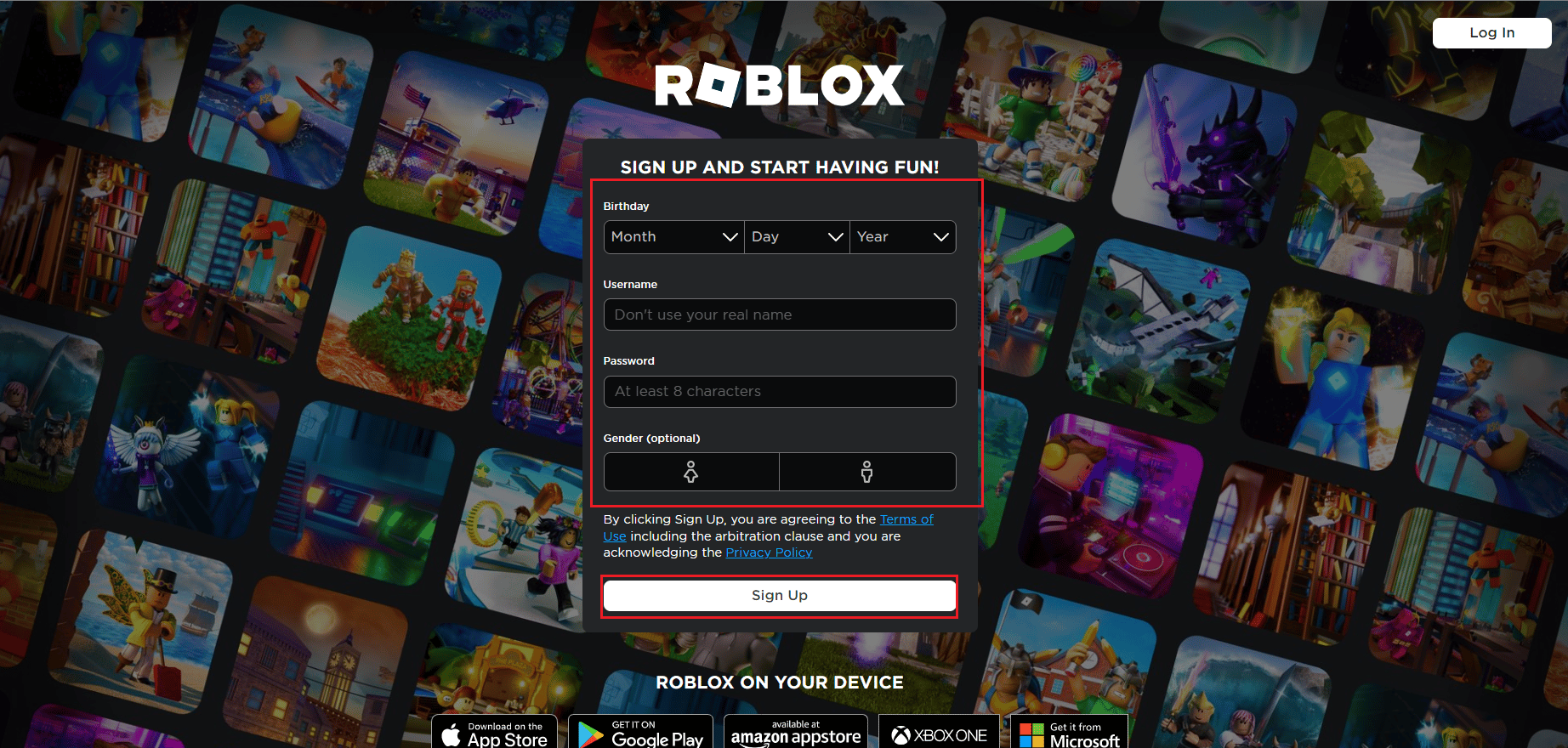 Página de registro de Roblox