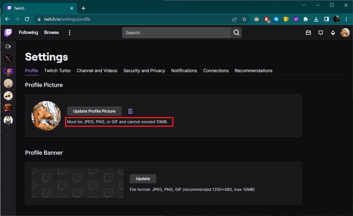 Requisito de foto de perfil de Twitch