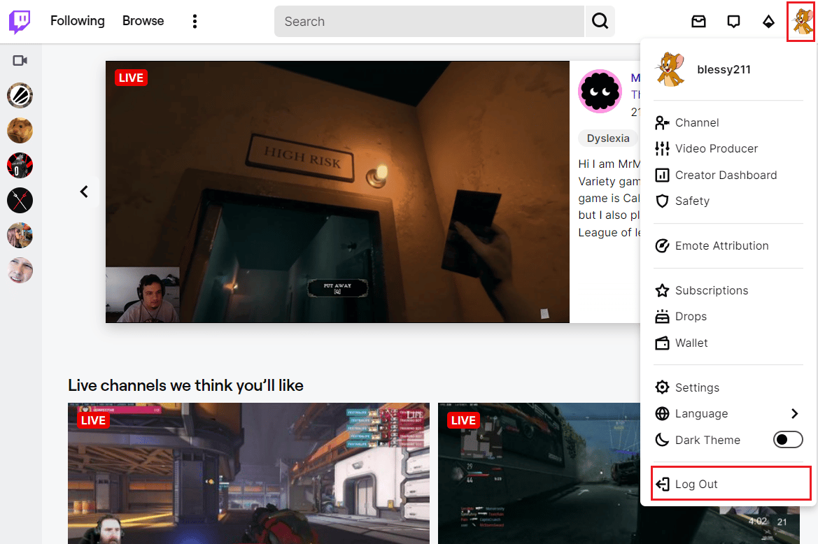 Haga clic en el icono de perfil en la esquina superior derecha y seleccione Cerrar sesión.  Solucionar error de carga de imagen de perfil de Twitch