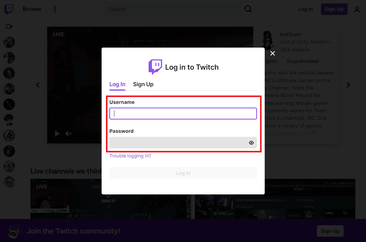 Ingrese su nombre de usuario y contraseña y presione la tecla Enter.  Solucionar error de carga de imagen de perfil de Twitch