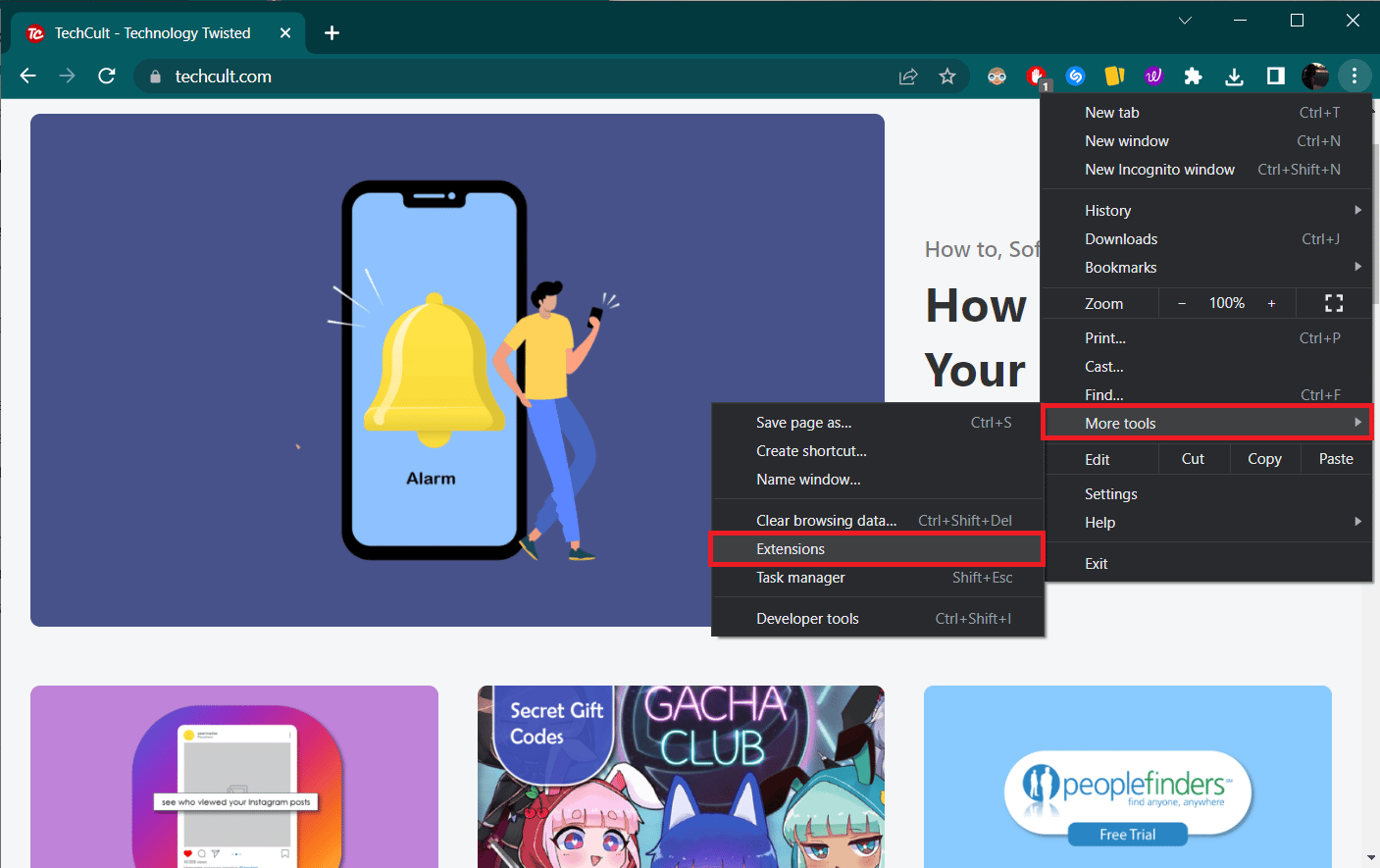 Haga clic en los tres puntos verticales y elija Más herramientas y Extensiones.  Solucionar error de carga de imagen de perfil de Twitch