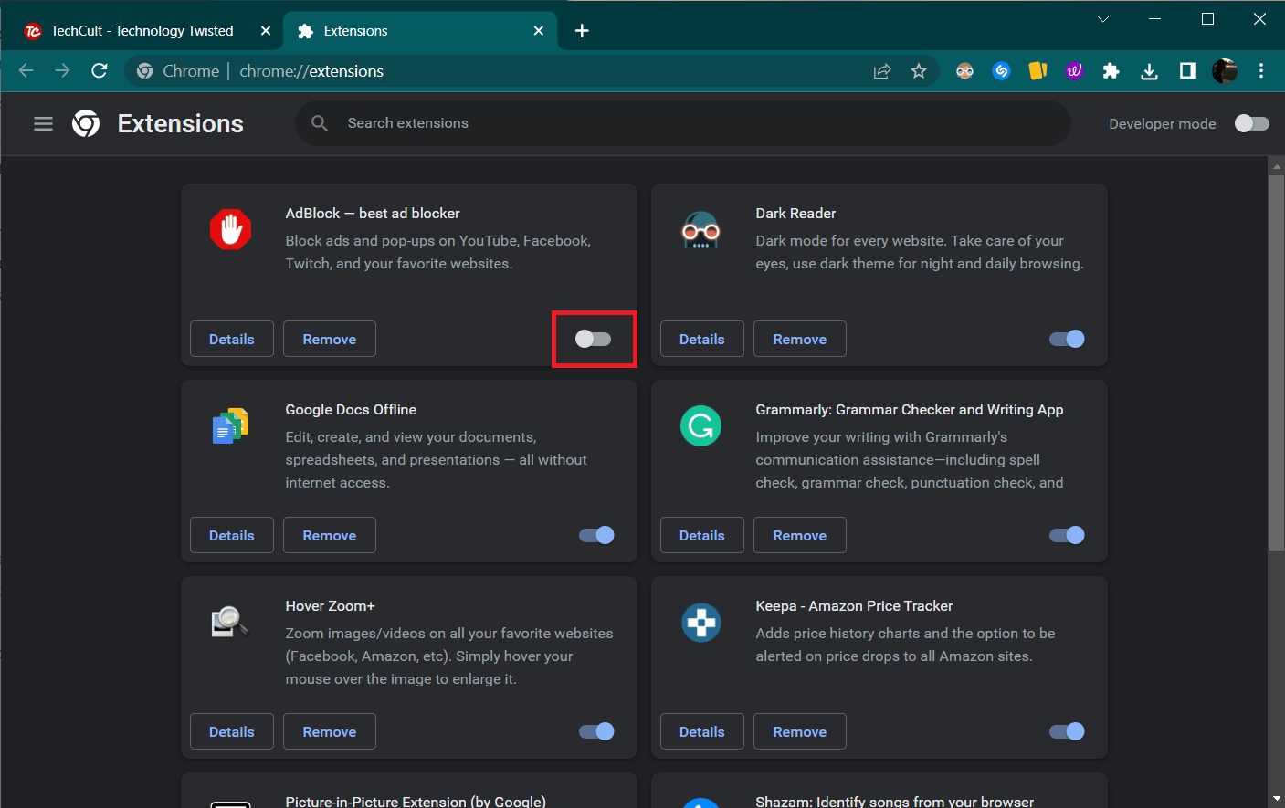 Desactive la palanca para la extensión AdBlock.  Cómo arreglar el tamaño del avatar de Twitch
