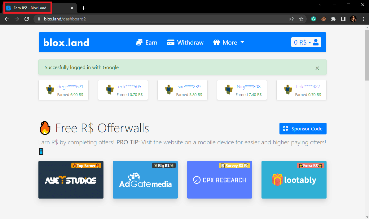 Abra Google Chrome desde el menú Inicio y visite el sitio oficial de BloxLand e inicie sesión