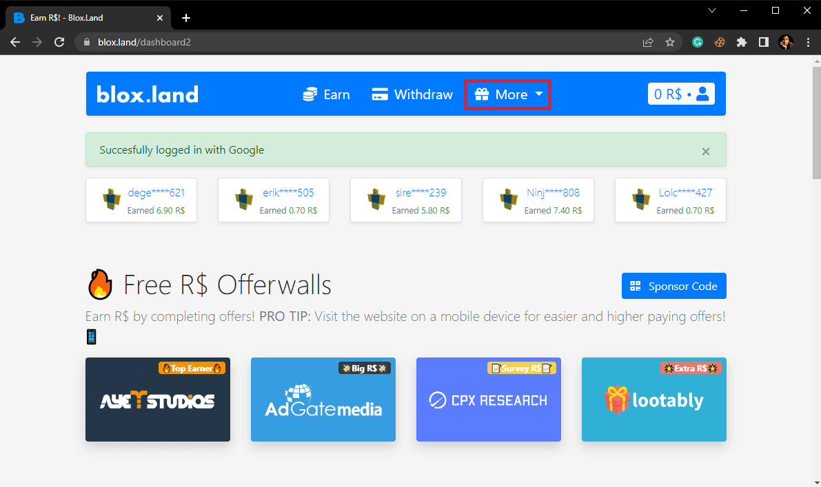 En la página de inicio, busque y haga clic en la opción desplegable Más.  Códigos promocionales gratuitos para Blox Land: Canjear ahora