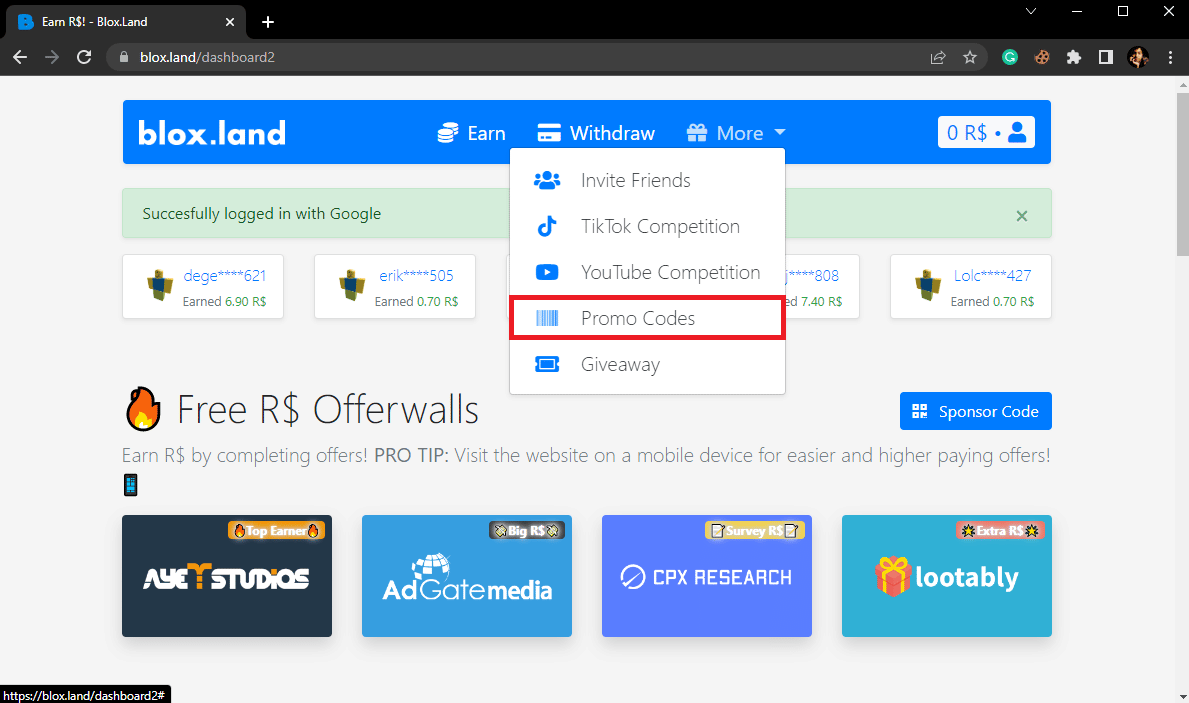 haga clic en Códigos promocionales