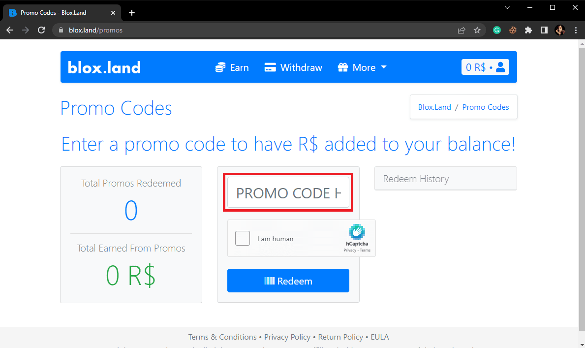 Ubique el cuadro de texto CÓDIGO DE PROMOCIÓN AQUÍ e ingrese su Código de promoción aquí.  Códigos promocionales gratuitos para Blox Land: Canjear ahora