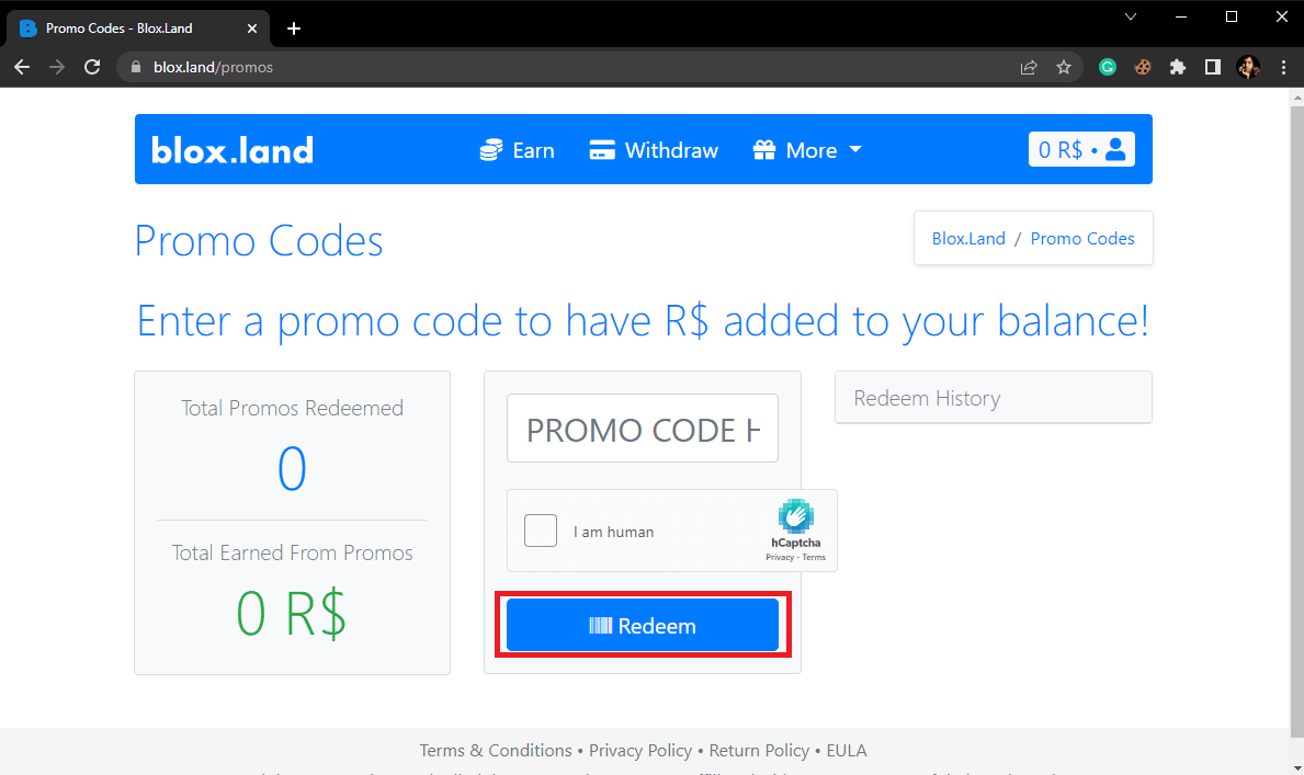 Haga clic en el botón Canjear para obtener su Robux de BloxLand
