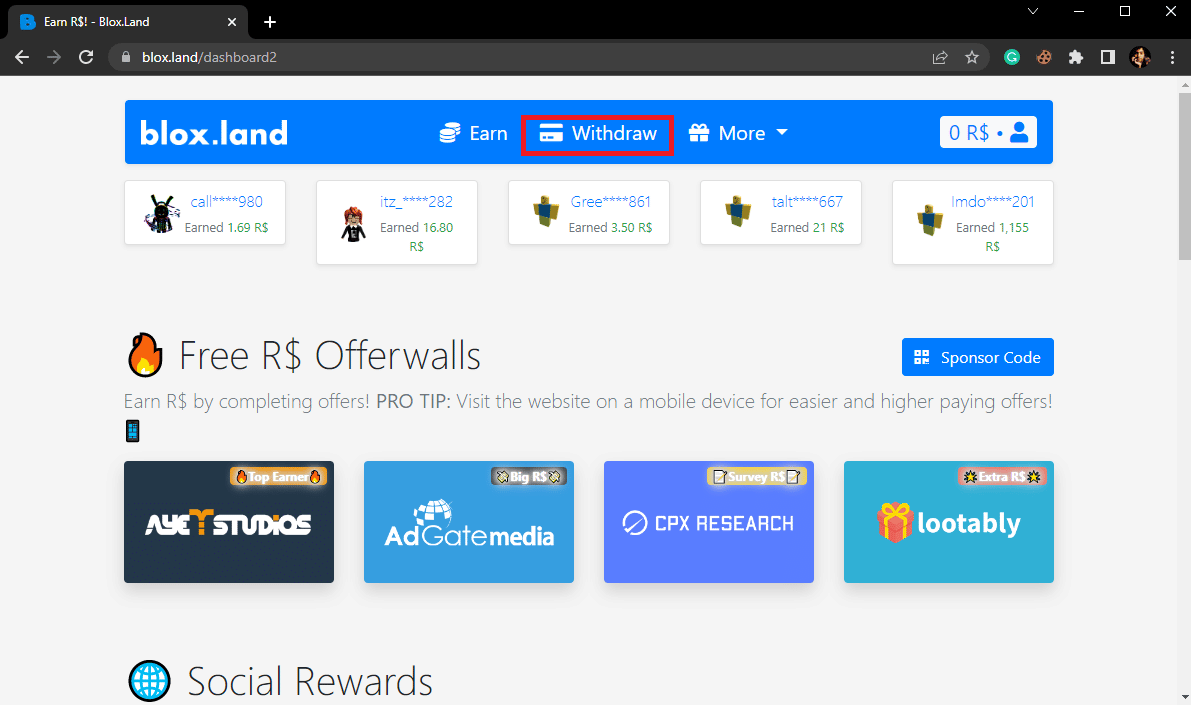 En la página de inicio, haga clic en la opción Retirar.  Códigos promocionales gratuitos para Blox Land: Canjear ahora