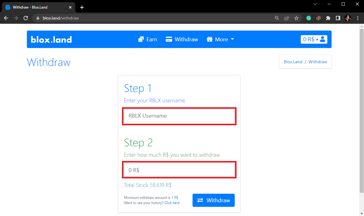 En la página Retiro, ingrese su nombre de usuario de Roblox en el Paso 1 e ingrese la cantidad de Robux en el Paso 2