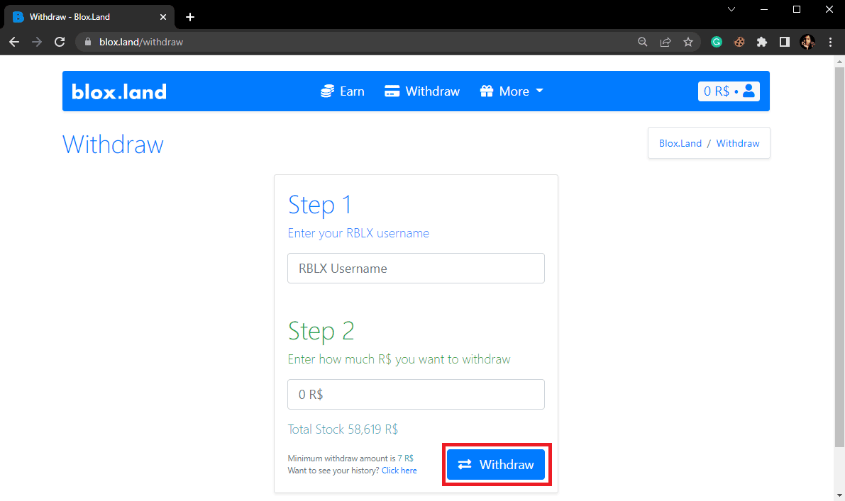 Haga clic en el botón Retirar para transferir el monto a su cuenta de Roblox.  Códigos promocionales gratuitos para Blox Land: Canjear ahora