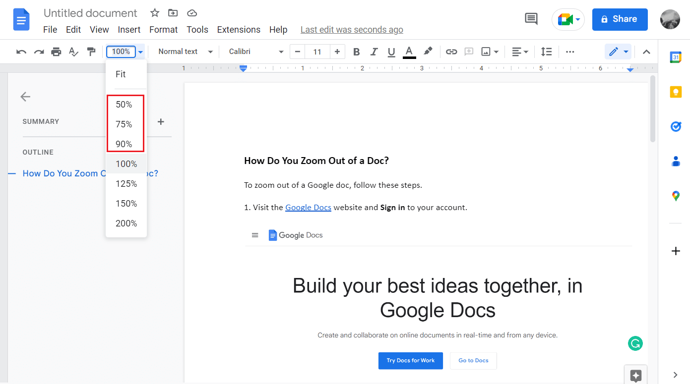 Para alejar el documento, seleccione el tamaño 50%, 75% o 90% de las opciones disponibles