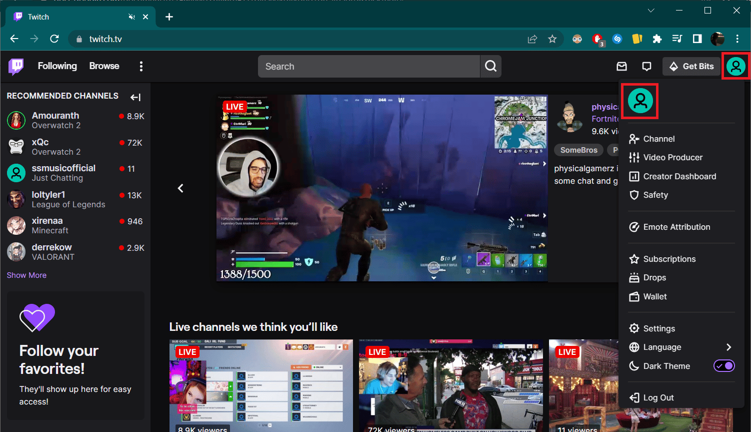 Haga clic en el ícono de perfil y haga clic en el ícono de perfil junto a su nombre de Twitch