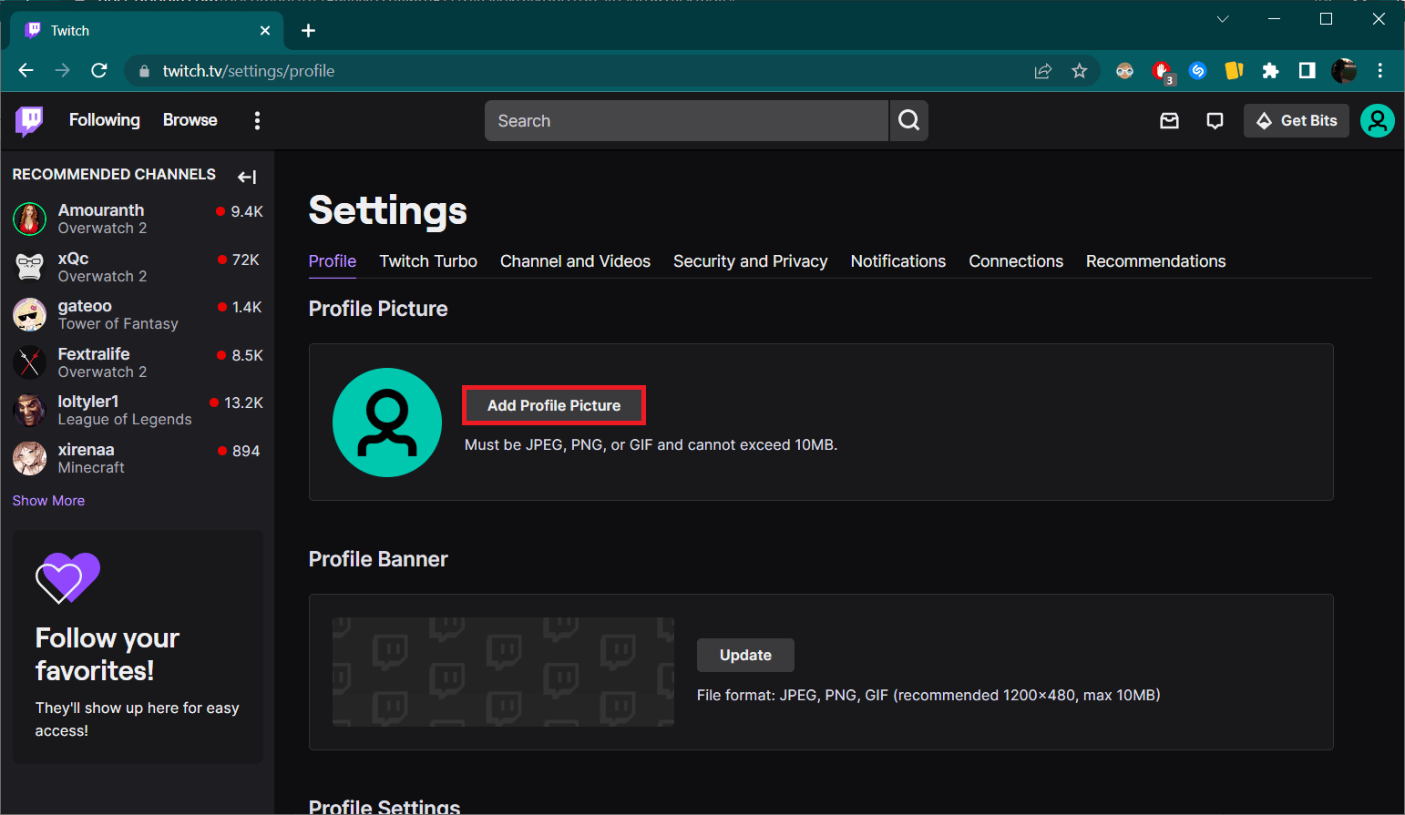 Haga clic en el botón Agregar imagen de perfil en la sección Imagen de perfil.  Cómo cambiar tu imagen de Twitch