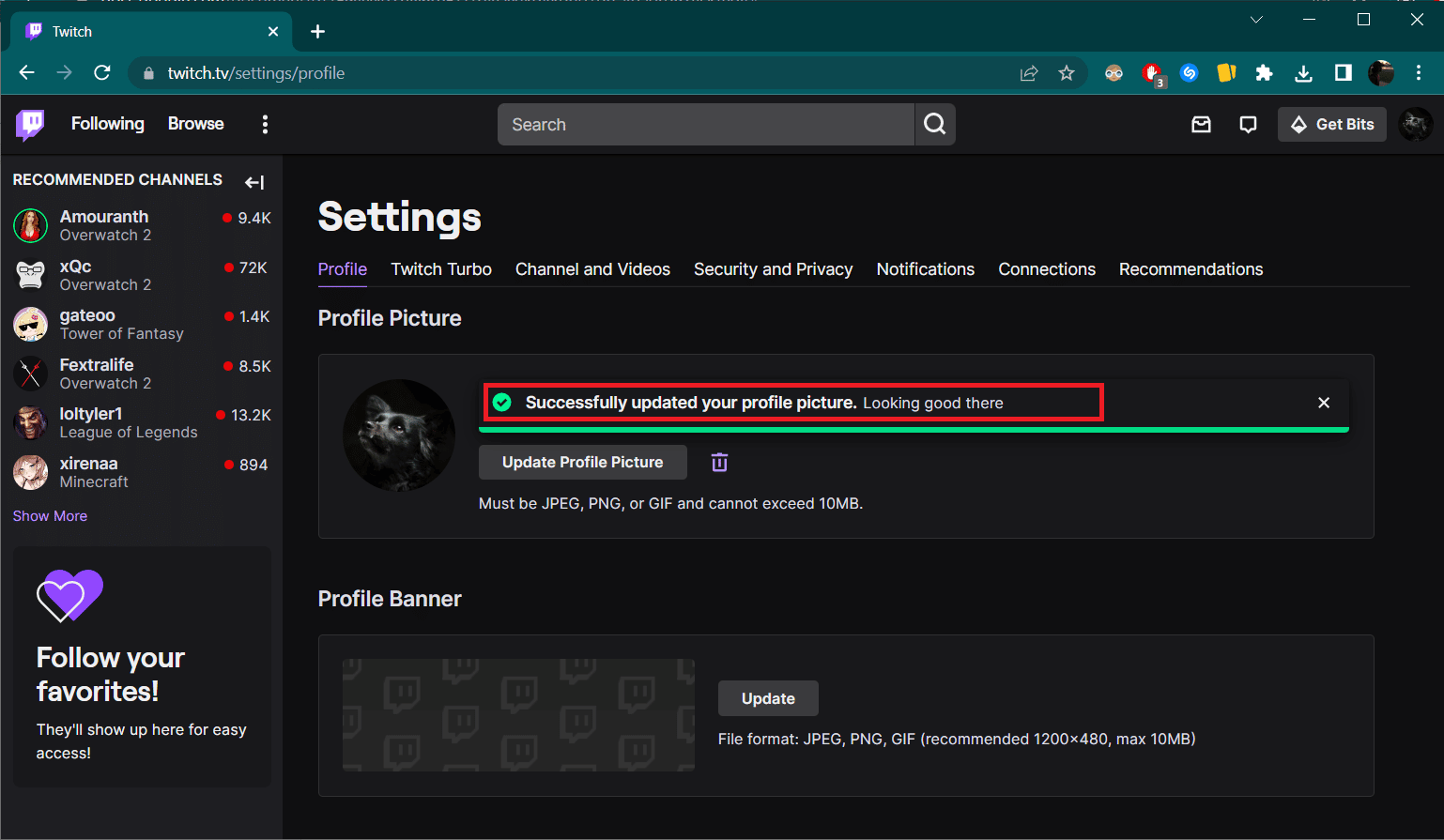 verás el mensaje Actualizamos con éxito tu foto de perfil.  Cómo cambiar tu imagen de Twitch