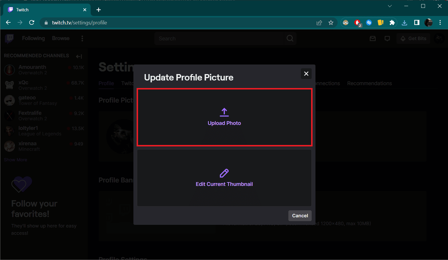 Elija Cargar foto.  Cómo cambiar tu imagen de Twitch