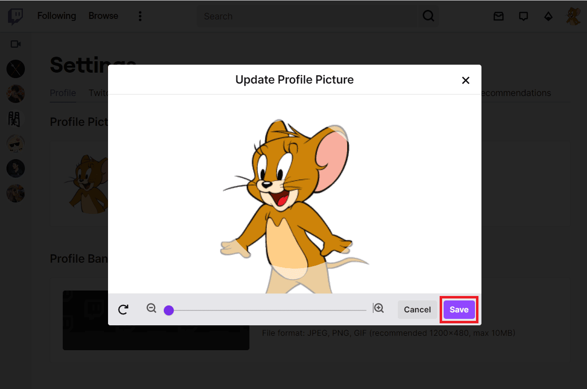 Haz clic en Guardar para cambiar tu imagen de Twitch