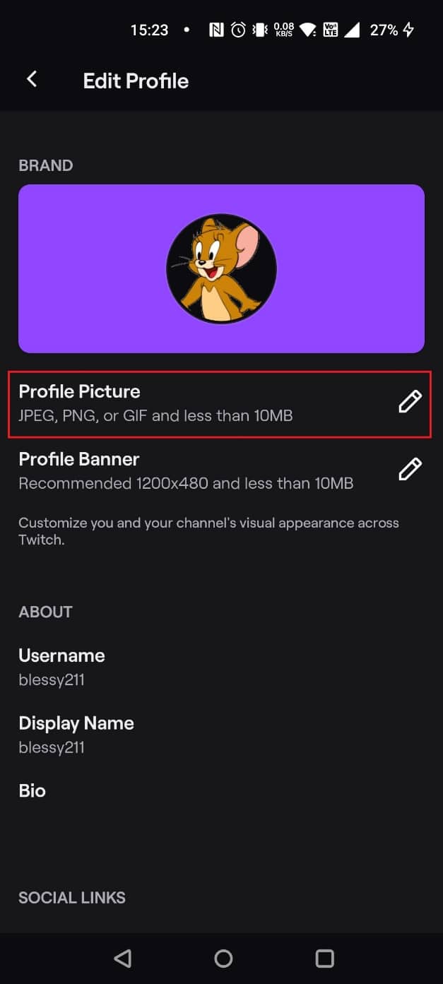 Toca el icono del lápiz junto a la etiqueta de la imagen de perfil.