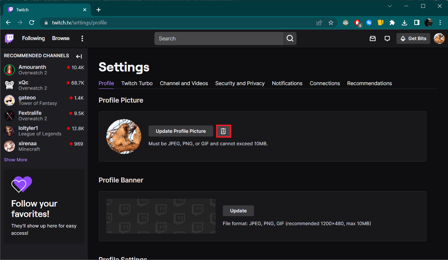 Haga clic en el ícono de la papelera para eliminar su imagen actual de Twitch