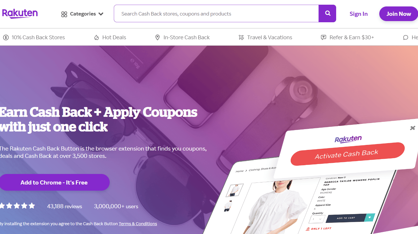 El botón de devolución de efectivo de Rakuten