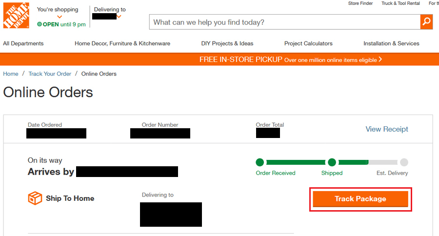 haga clic en la opción Seguimiento del paquete junto al pedido para conocer el historial de seguimiento de su pedido en Home Depot