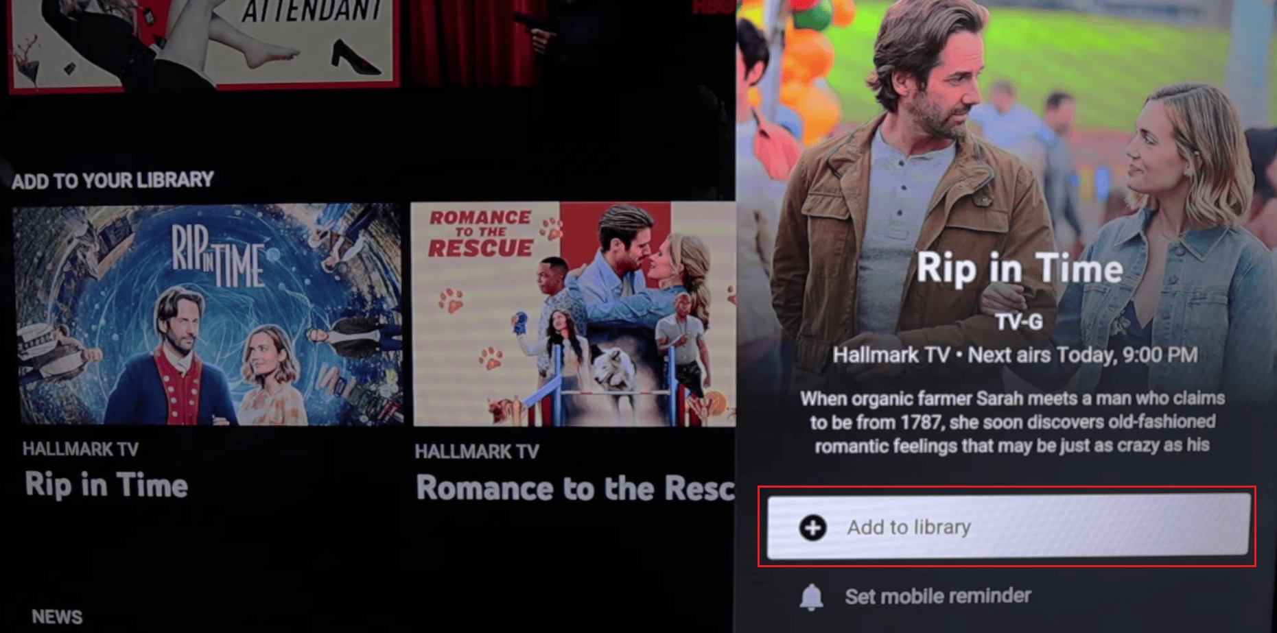 haga clic en la opción Agregar a la biblioteca del menú de un programa en YouTube TV