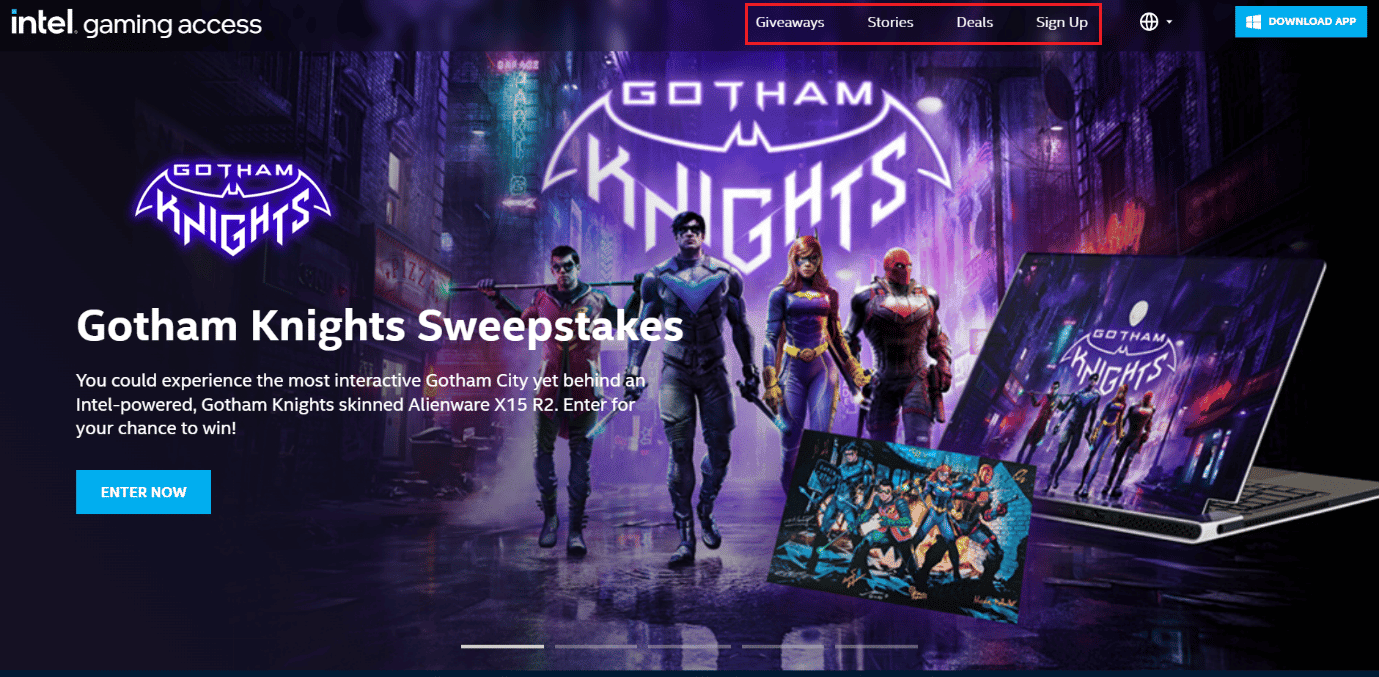 página de inicio de Intel Gaming Access, puede seleccionar cualquiera de las siguientes opciones: sorteo, historias, ofertas, registro