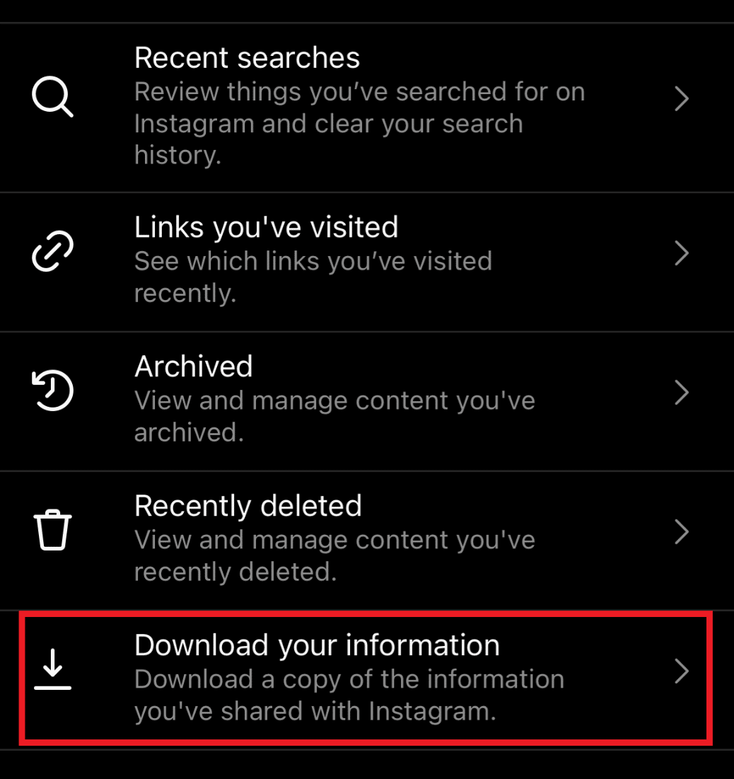 Toca Descargar tu información. Cómo recuperar mensajes directos de Instagram eliminados sin software
