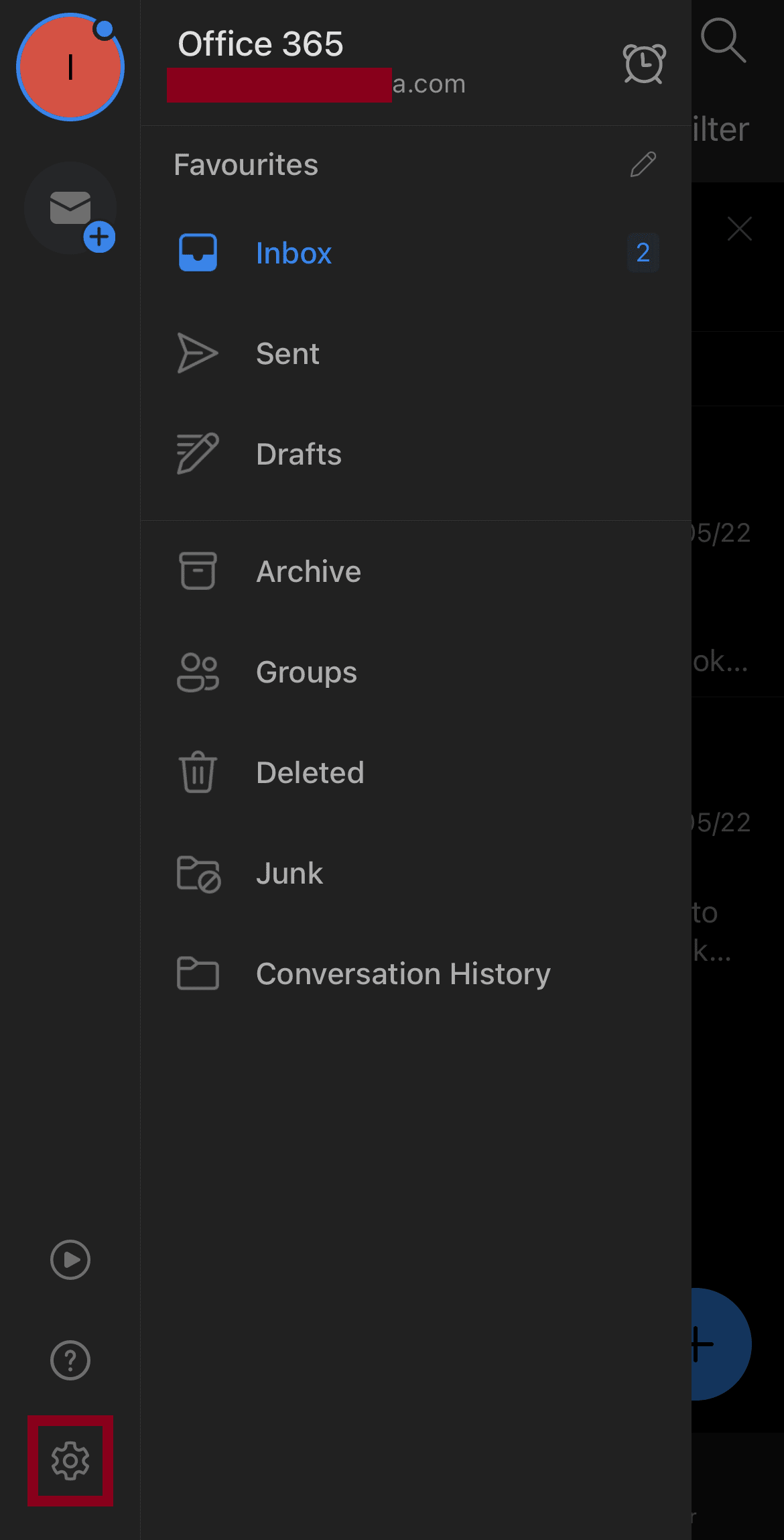 Toque el icono de engranaje de Configuración |  Cómo eliminar una cuenta de Outlook