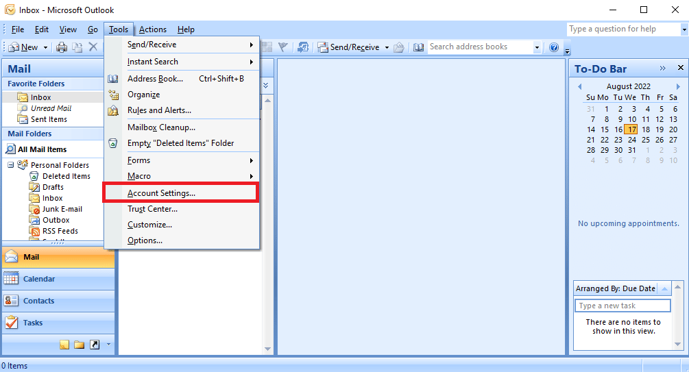 Haga clic en Configuración de la cuenta |  desvincular cuentas de correo electrónico de Outlook