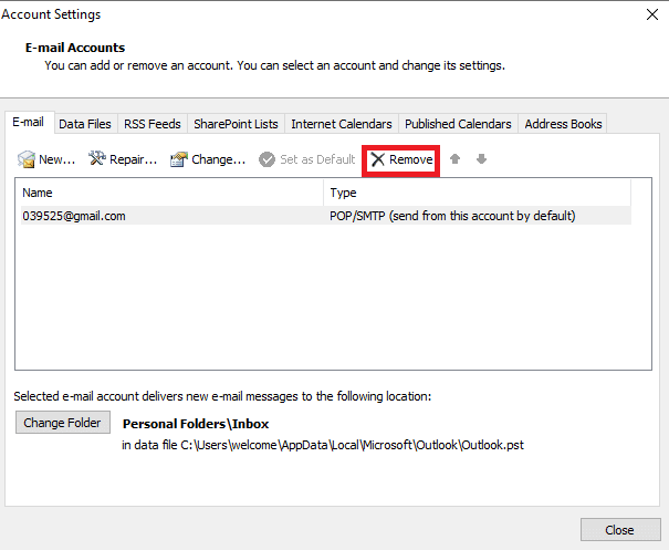 Haga clic en el botón Eliminar |  Cómo eliminar una cuenta de Outlook