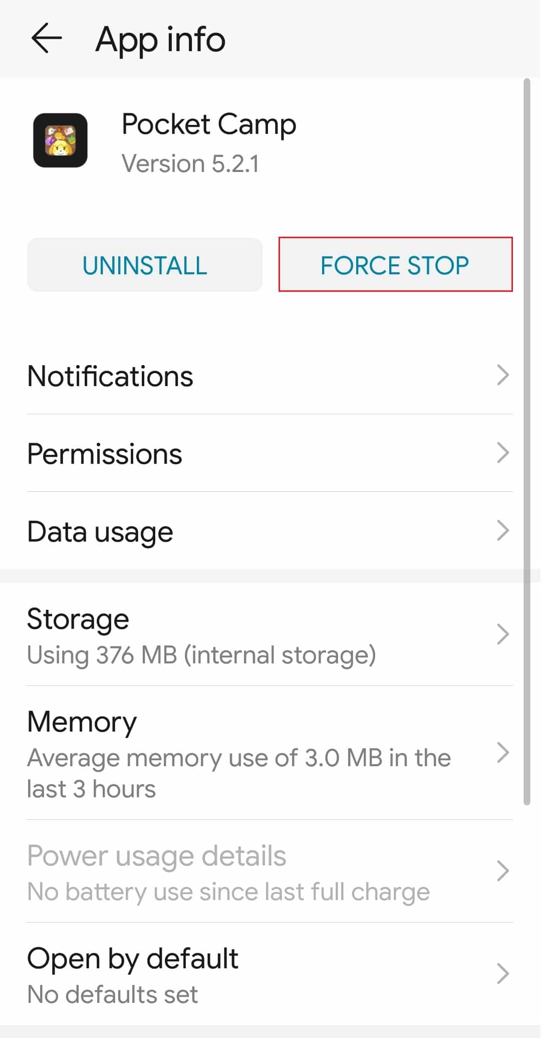 forzar la detención Información de la aplicación Animal Crossing Pocket Camp