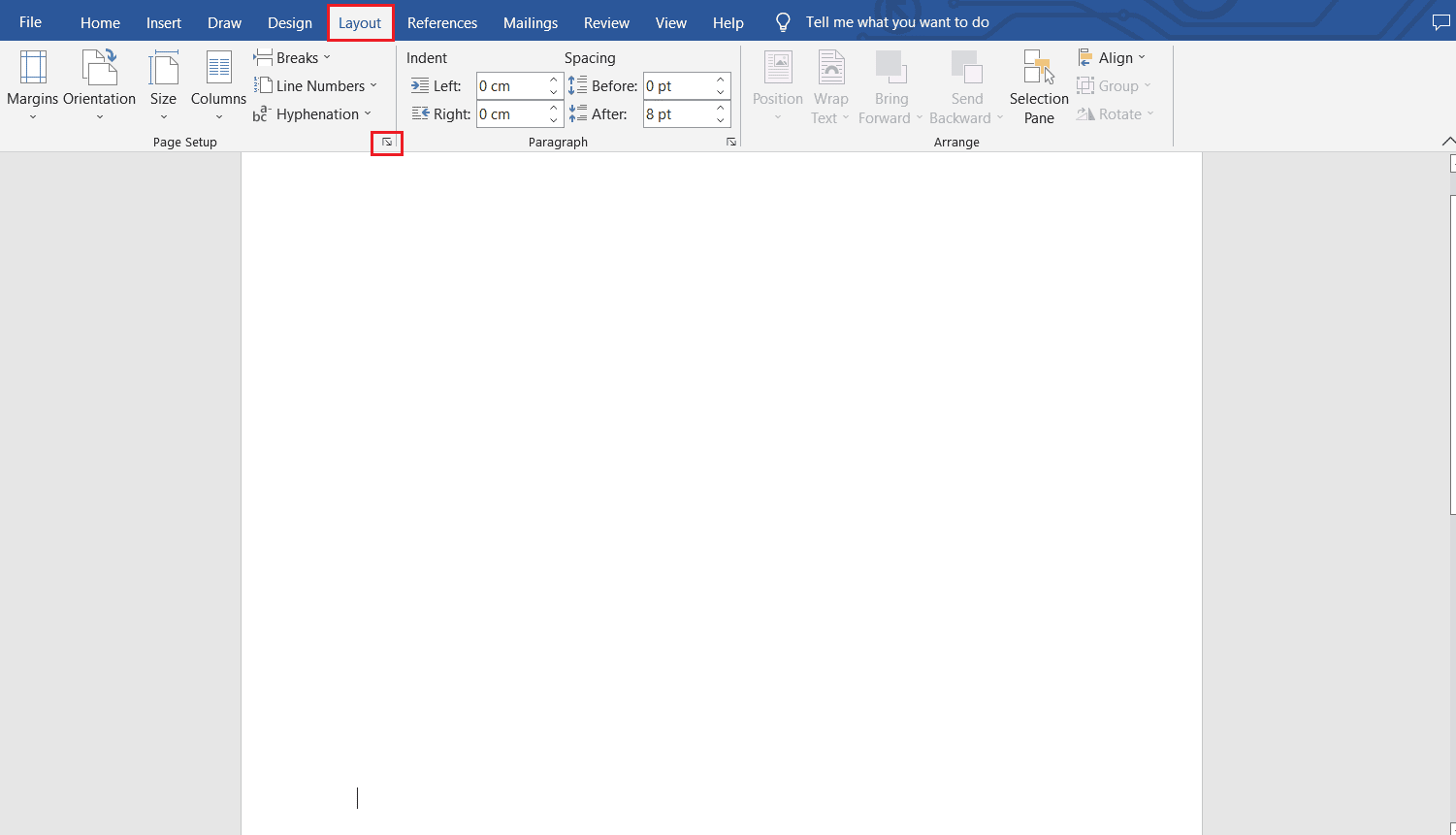 Pestaña Diseño: haga clic en el icono del iniciador del cuadro de diálogo Configuración de página
