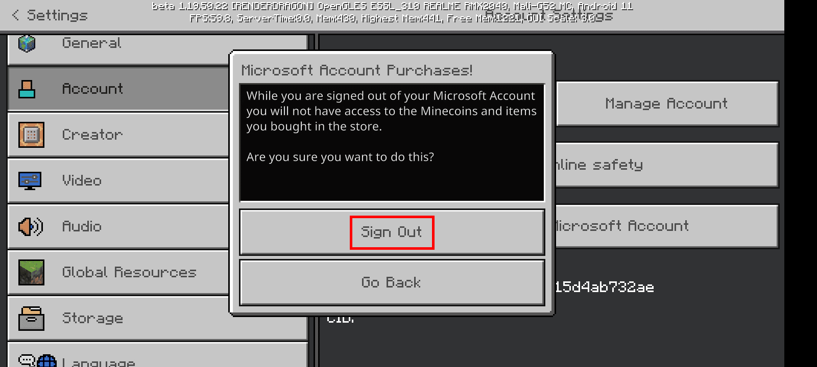 Toque Cerrar sesión para eliminar su cuenta de Microsoft de Minecraft PE.