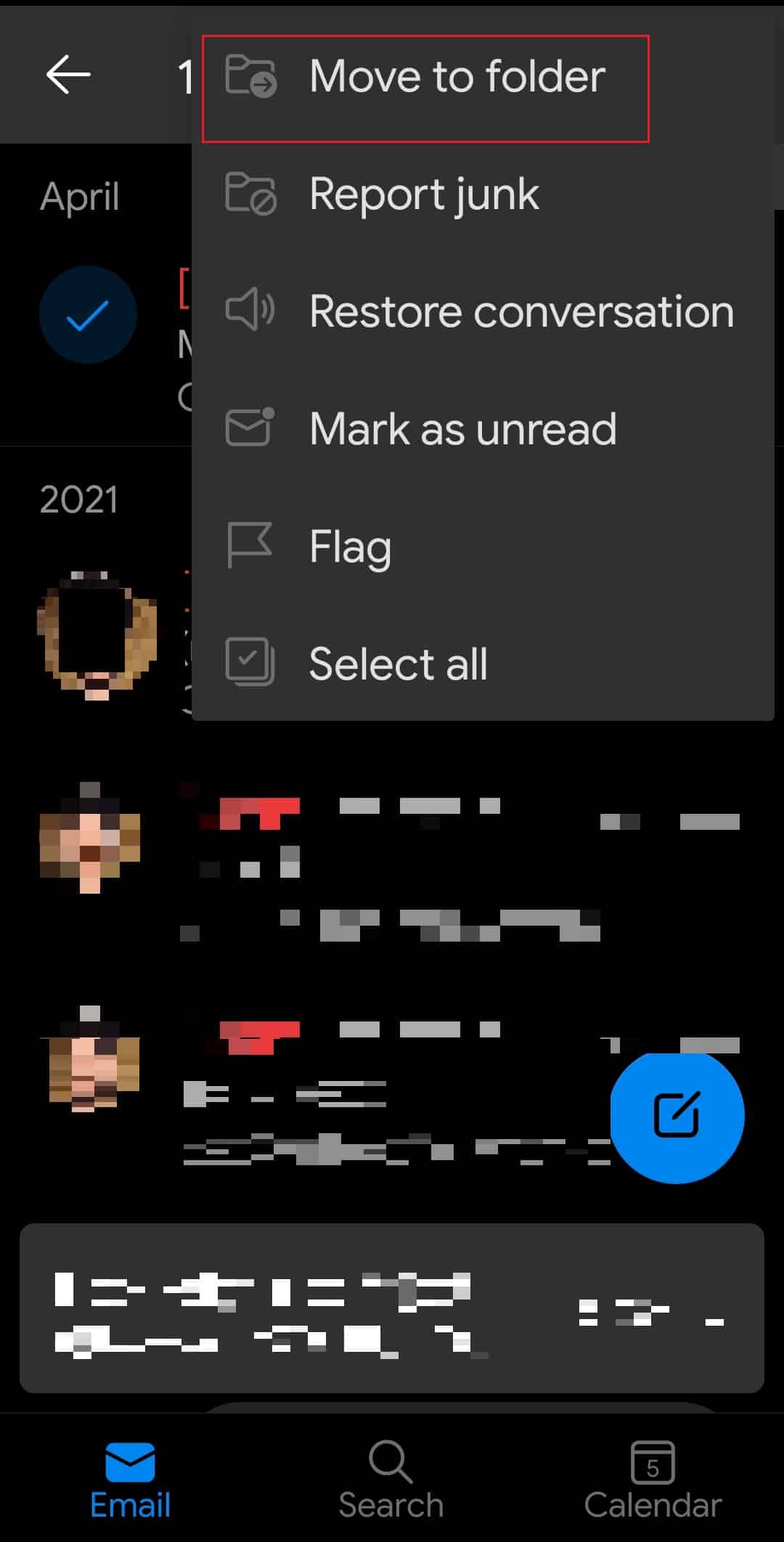 mover a la carpeta en la carpeta eliminada de la aplicación Outlook
