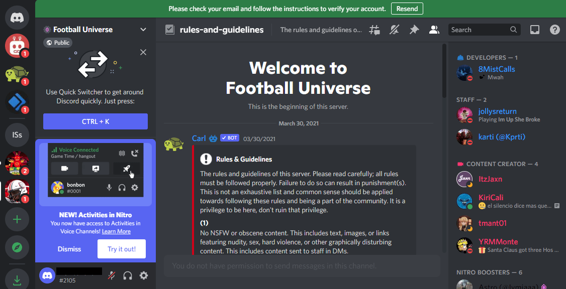 Pagina de discord de Football Universe
