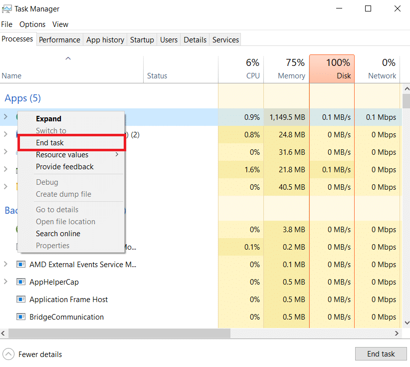 haga clic derecho sobre él y elija Finalizar tarea para finalizarlo.  Solucionar el error de Netflix 5.7 en Windows 10